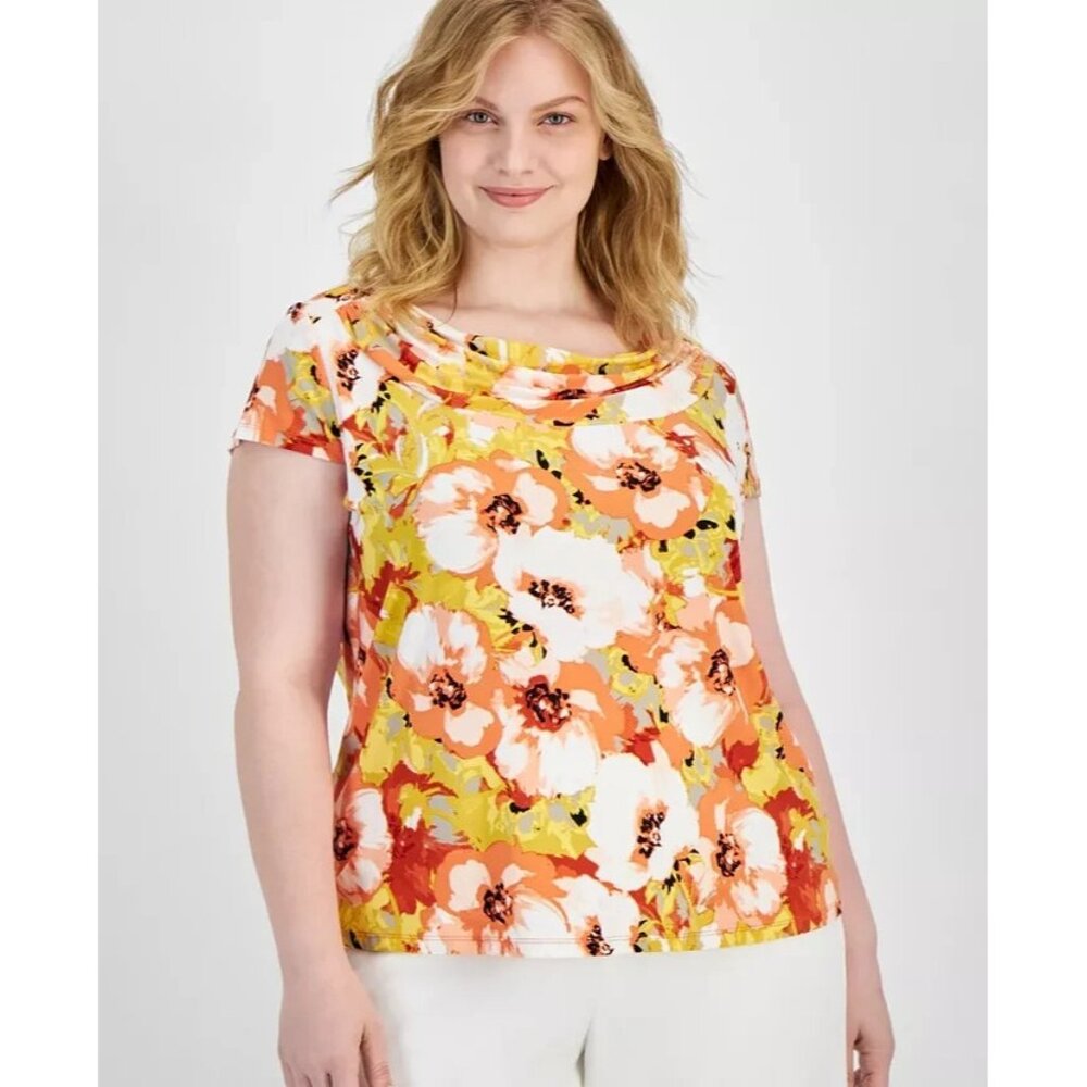 Kasper Cowl-Neck Cap-Sleeve PapayaVanilla Ice Plus Size 1X Orange MSRP $59